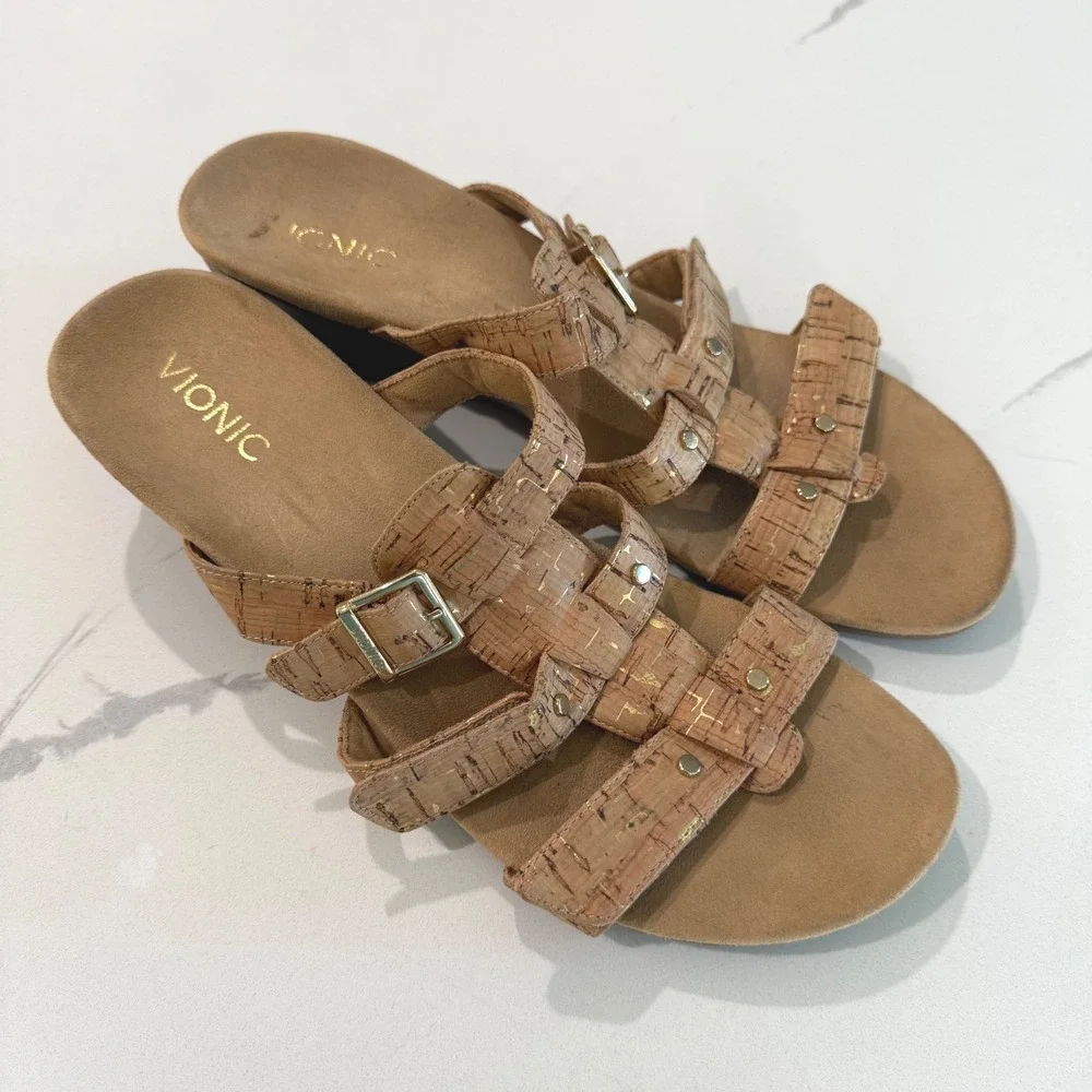 Vionic Radia Cork Gold Metallic Wedge Sandals Womens Size 11 Adjustable Straps